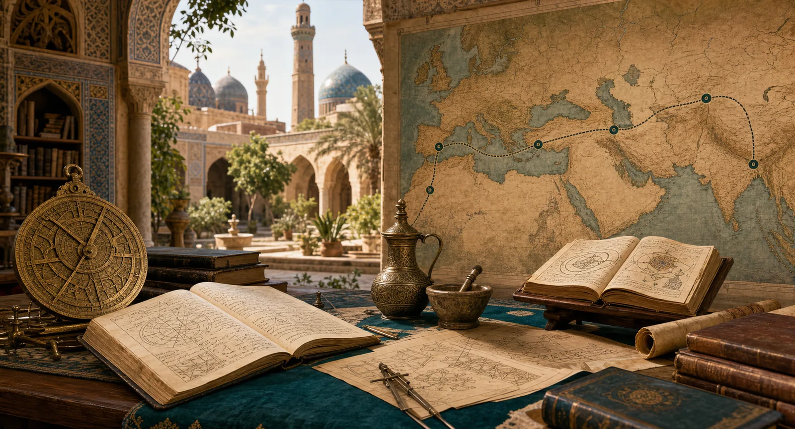 Historische Bücher, Astrolabium und Handelskarte als Symbole islamischer Zivilisationsgeschichte