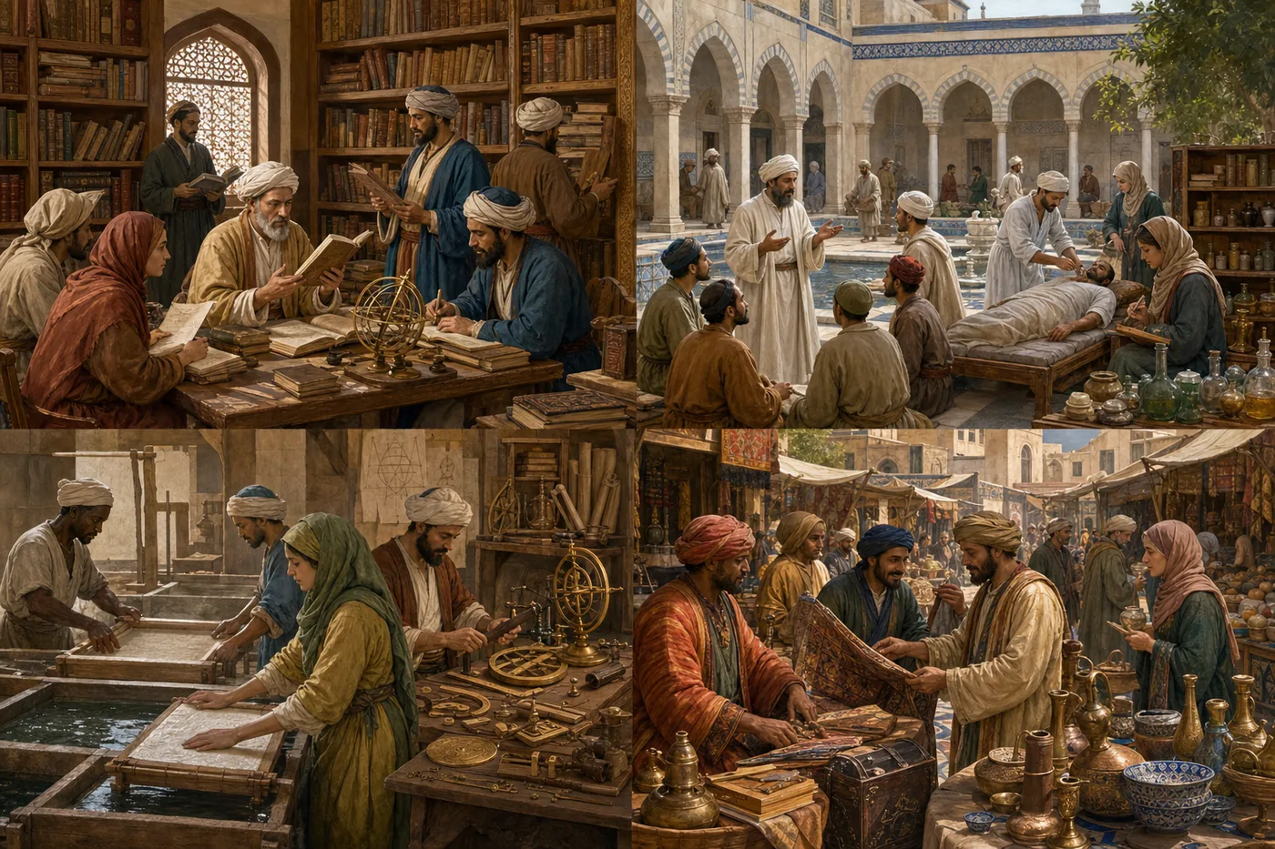 Illustration von Bibliothek, Krankenhaus, Papierherstellung und Markt in einer islamisch geprägten Stadt