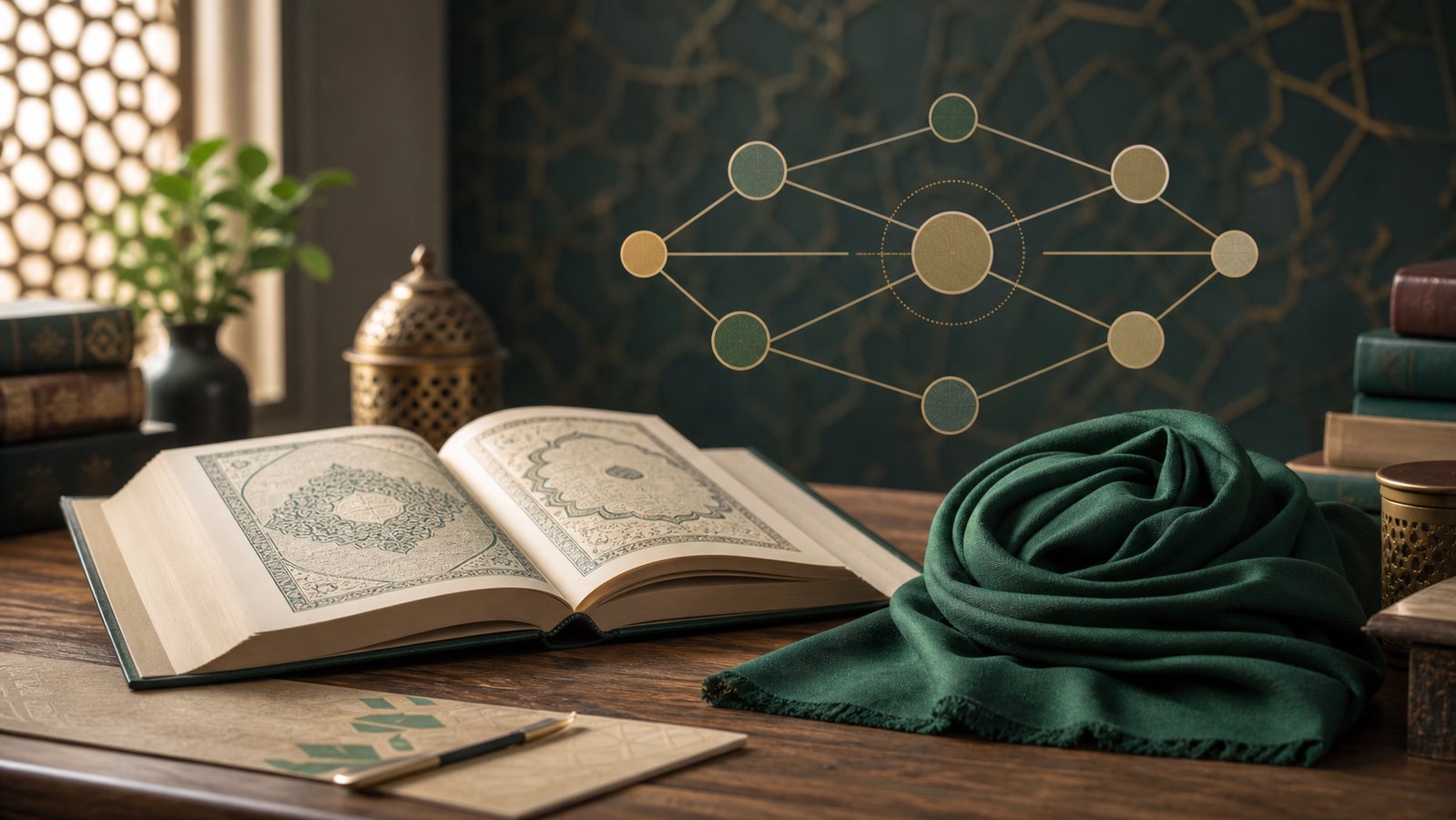 Symbolbild zum Artikel Kopftuch im Islam: offenes Buch, gefaltetes grünes Tuch und Belegketten-Grafik