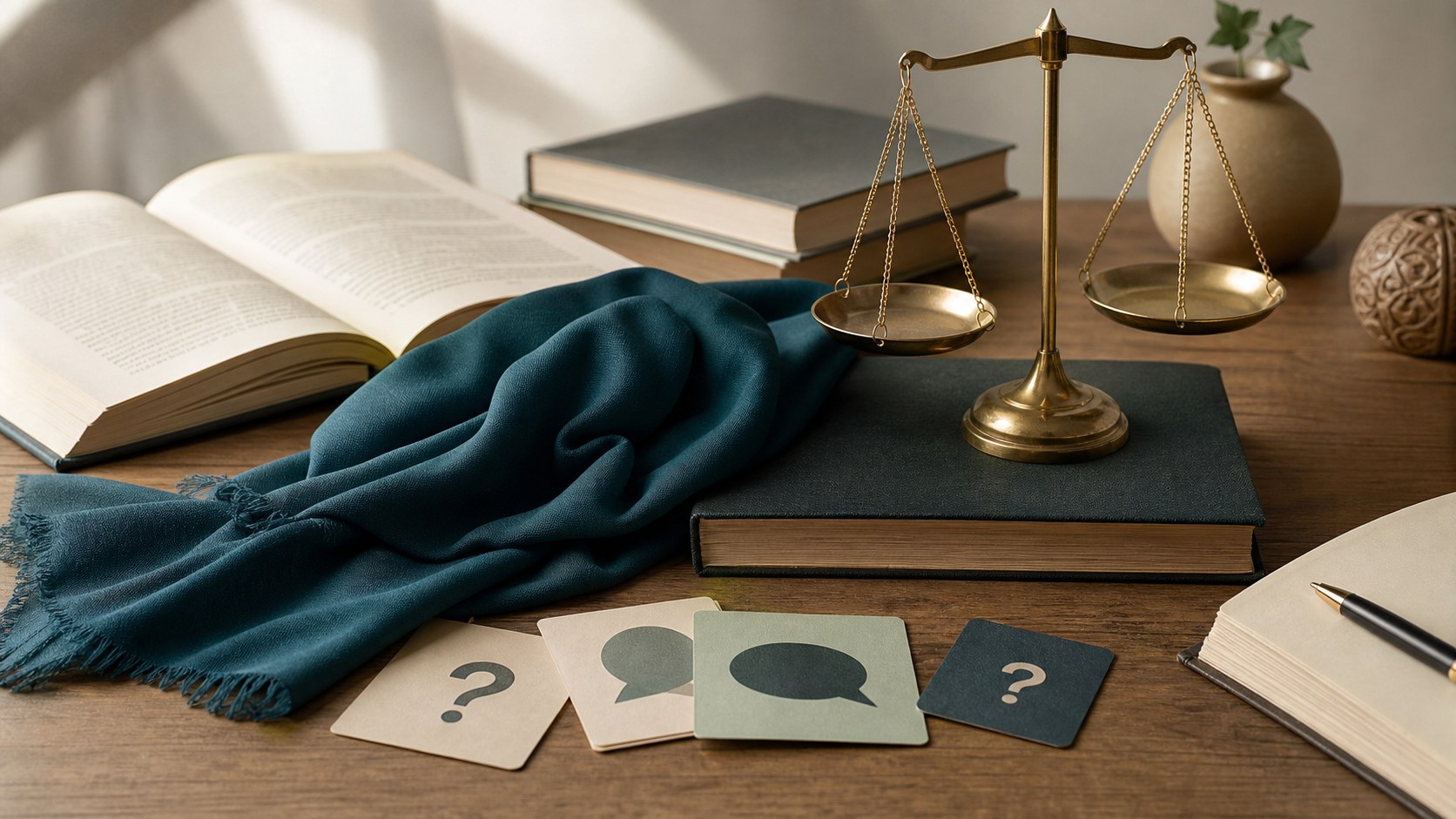 Offenes Buch, gefaltetes Kopftuch und Waage als Symbol für faire Prüfung von Vorurteilen gegenüber dem Hijab