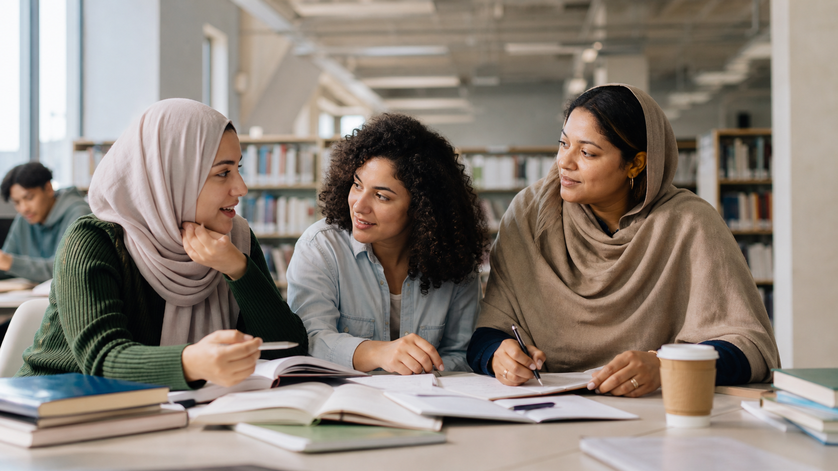 Drei muslimische Frauen mit unterschiedlichen Kleidungsstilen arbeiten gemeinsam in einer Bibliothek