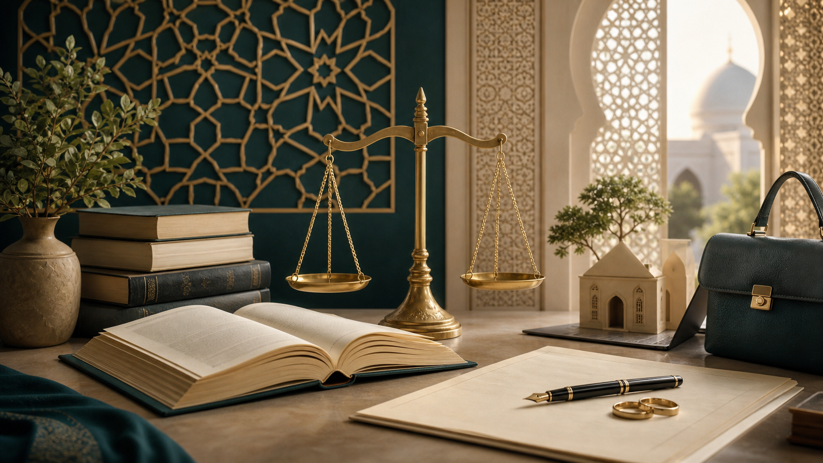 Waage, Bücher, Ehevertrag und Arbeitstasche als Symbole für die sachliche Prüfung der Stellung der Frau im Islam